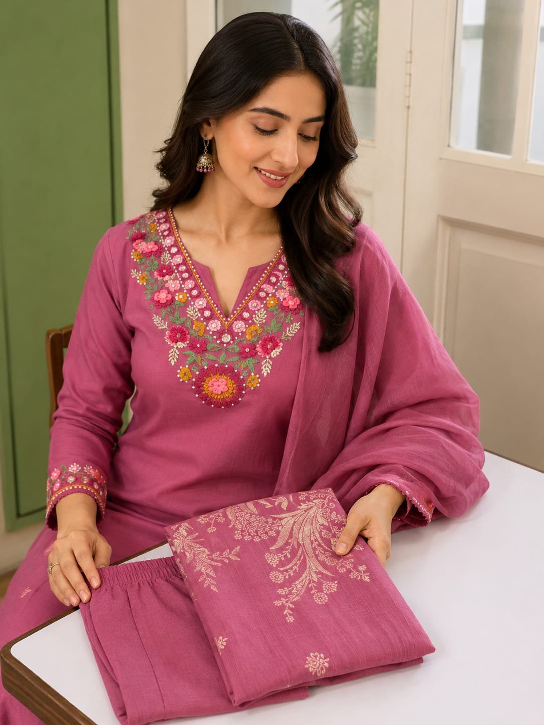 rose pink roman silk 3 piece suit set with handcrafted muggam work & banaras dupatta rose pink roman silk 3 piece suit set with handcrafted muggam work & banaras dupatta