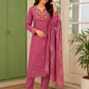 rose pink roman silk 3 piece suit set with handcrafted muggam work & banaras dupatta
