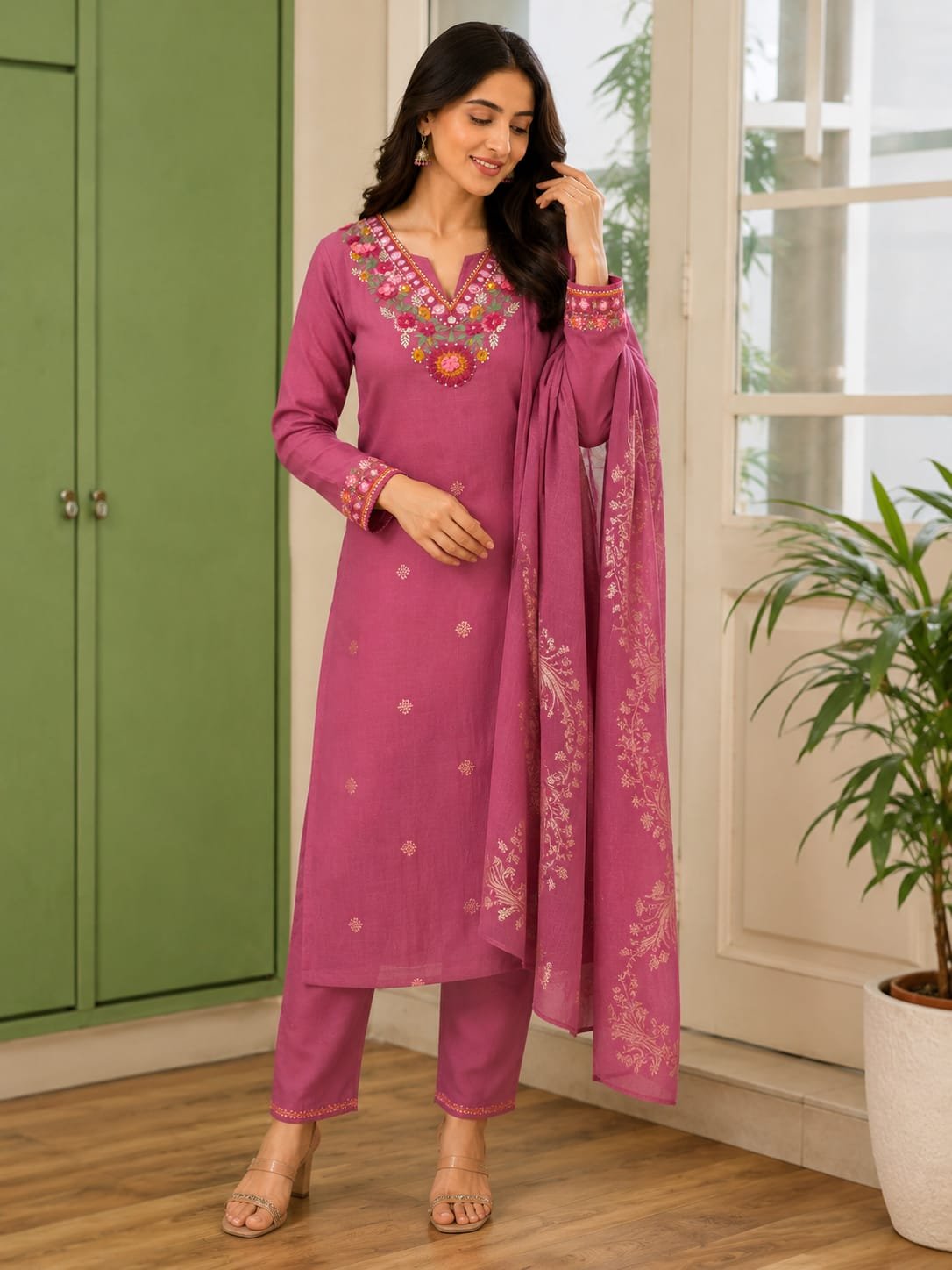 rose pink roman silk 3 piece suit set with handcrafted muggam work & banaras dupatta rose pink roman silk 3 piece suit set with handcrafted muggam work & banaras dupatta