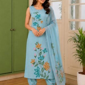 sky blue chanderi silk 3 piece set with brush paint design & organza dupatta