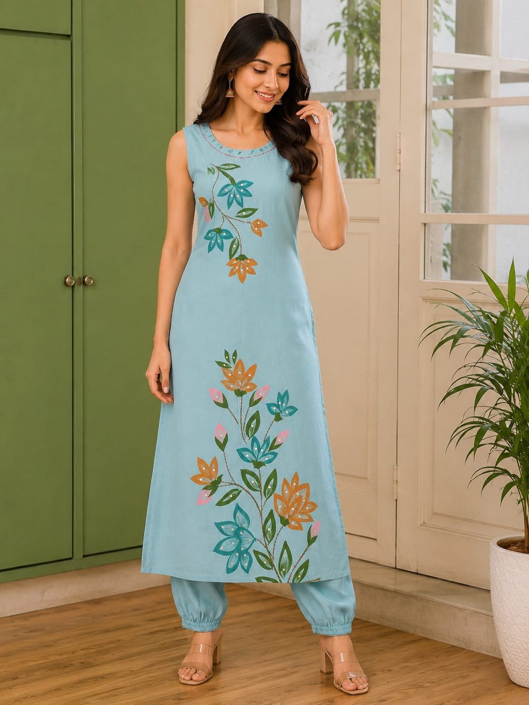 sky blue chanderi silk 3 piece set with brush paint design & organza dupatta sky blue chanderi silk 3 piece set with brush paint design & organza dupatta