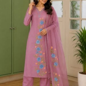 mul chanderi 3 piece set with floral brush paint & organza dupatta