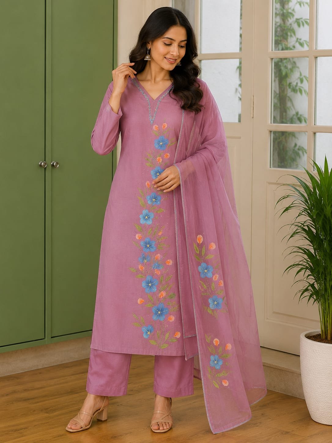 mul chanderi 3 piece set with floral brush paint & organza dupatta mul chanderi 3 piece set with floral brush paint & organza dupatta
