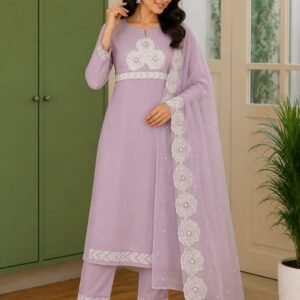 lavender mall chanderi 3 piece set with pearl work & scallop dupatta