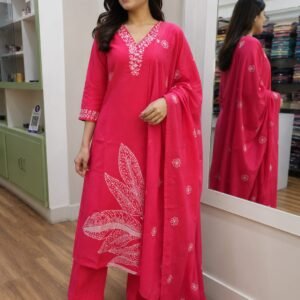 pink mul chanderi 3 piece suit set with hand embroidery & organza dupatta
