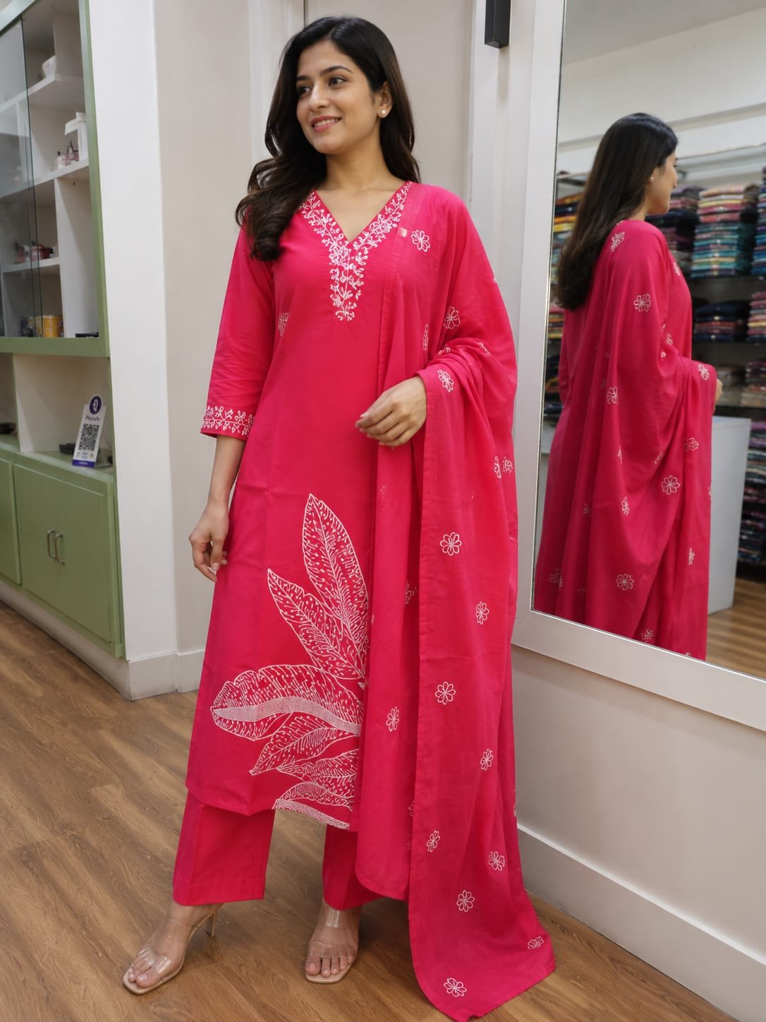 pink mul chanderi 3 piece suit set with hand embroidery & organza dupatta pink mul chanderi 3 piece suit set with hand embroidery & organza dupatta