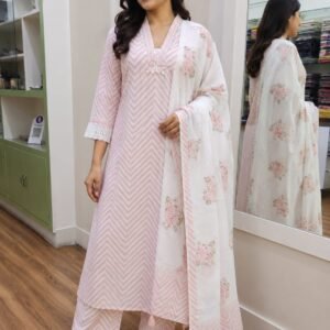 baby pink jaipuri cotton 3 piece set with lahariya design