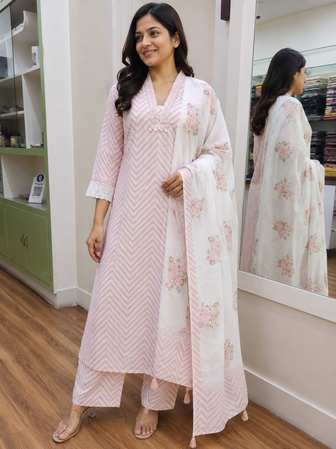 baby pink jaipuri cotton 3 piece set with lahariya design baby pink jaipuri cotton 3 piece set with lahariya design