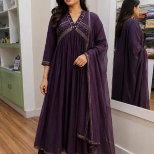 deep purple mul cotton alia cut 3 piece set with mirror embroidery work