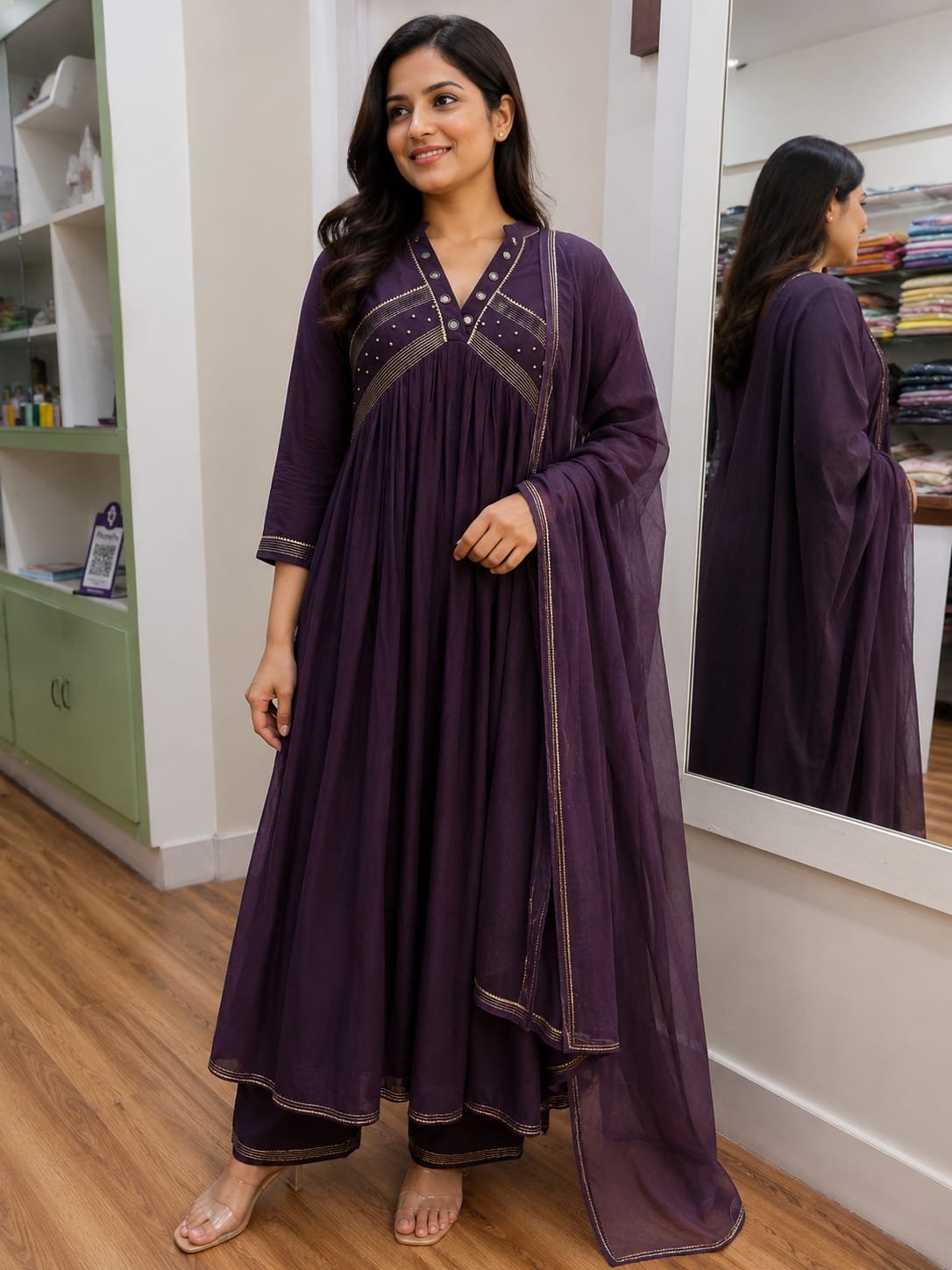 deep purple mul cotton alia cut 3 piece set with mirror embroidery work deep purple mul cotton alia cut 3 piece set with mirror embroidery work