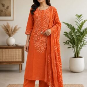 orange muslin 3 piece bandhani dress set