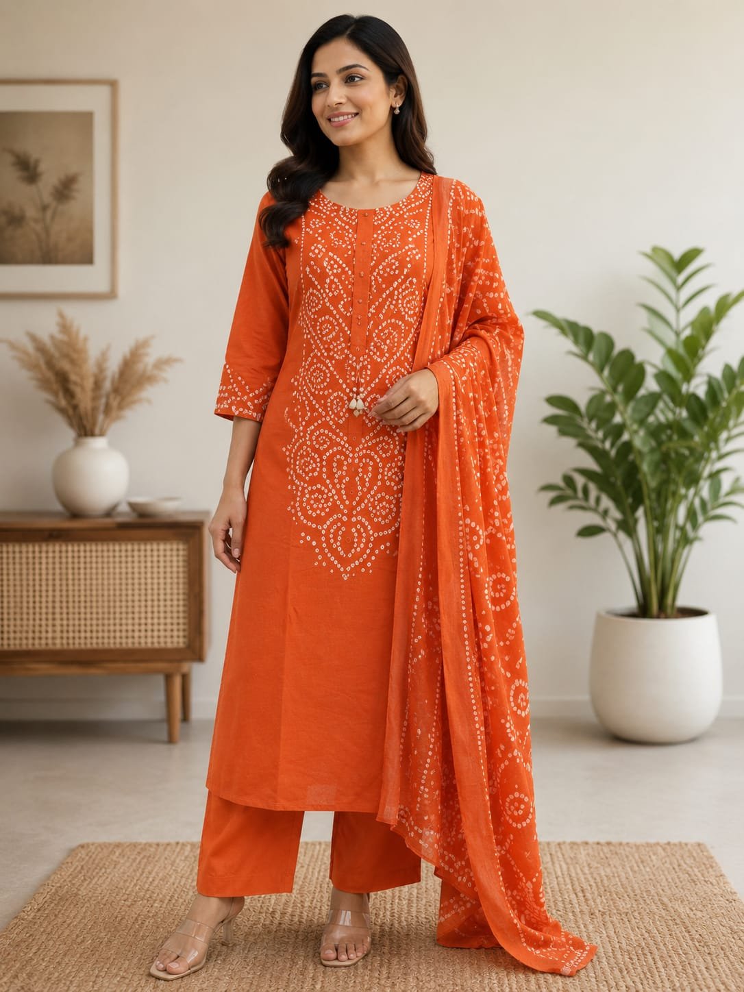 orange muslin 3 piece bandhani dress set