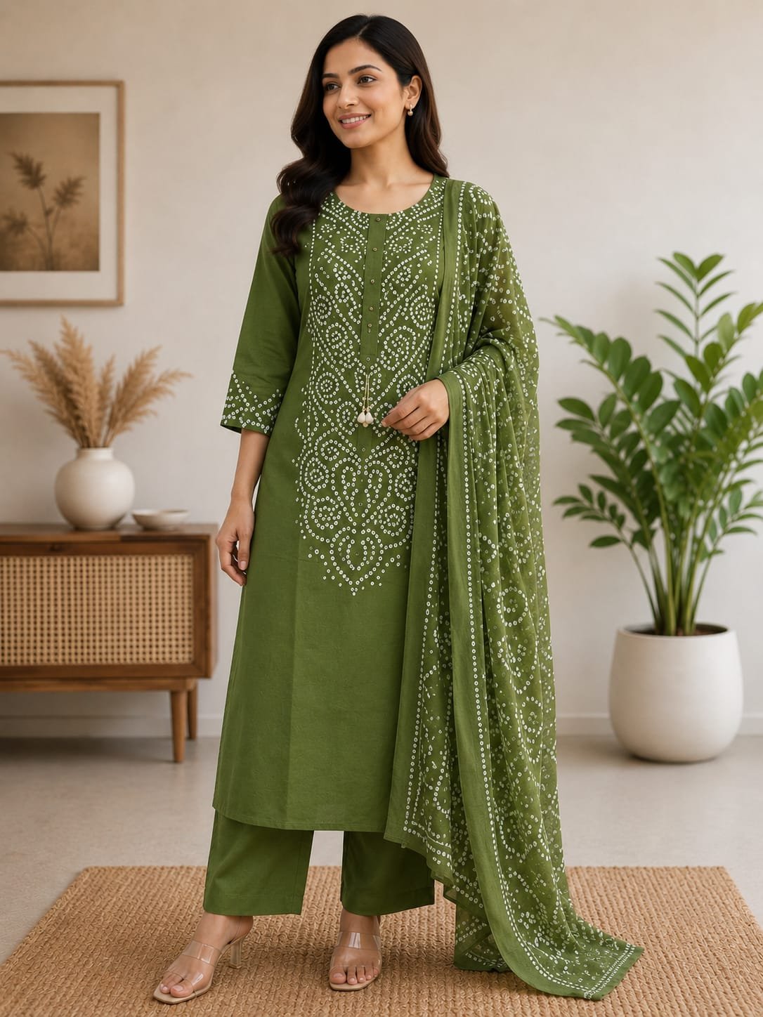 orange muslin 3 piece bandhani dress set