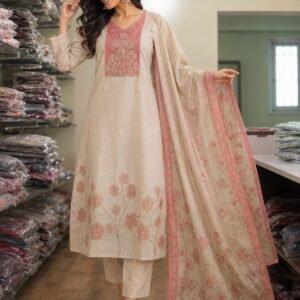 beige jamdani three piece set with maggam work