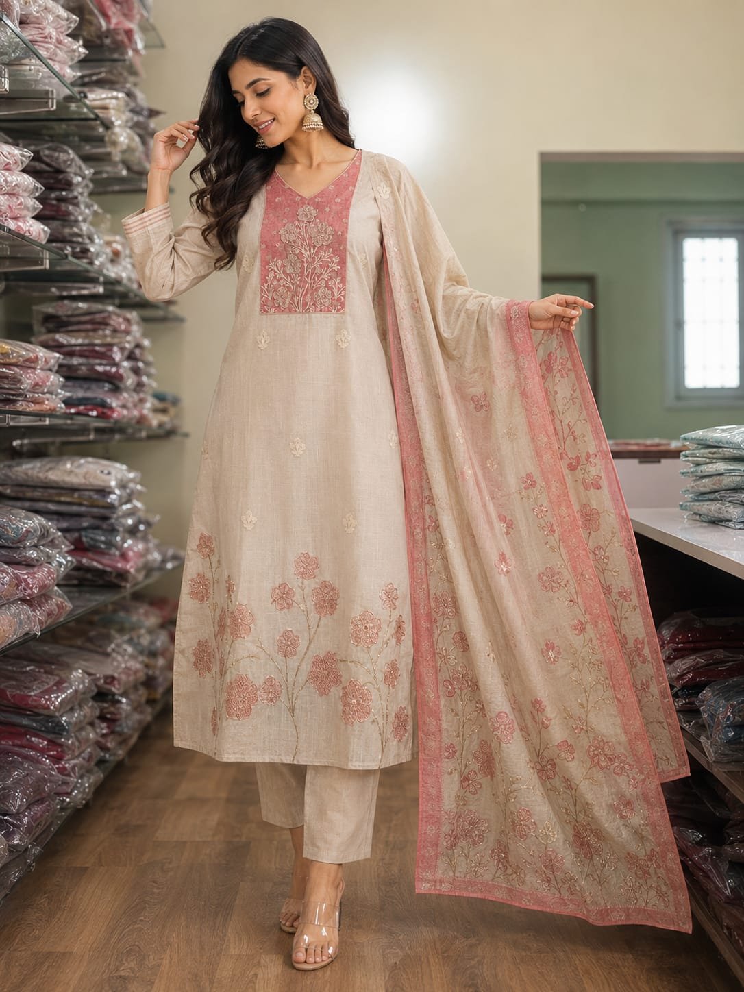 beige jamdani three piece set with maggam work