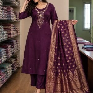 wine purple mul chanderi three piece set with maggam work