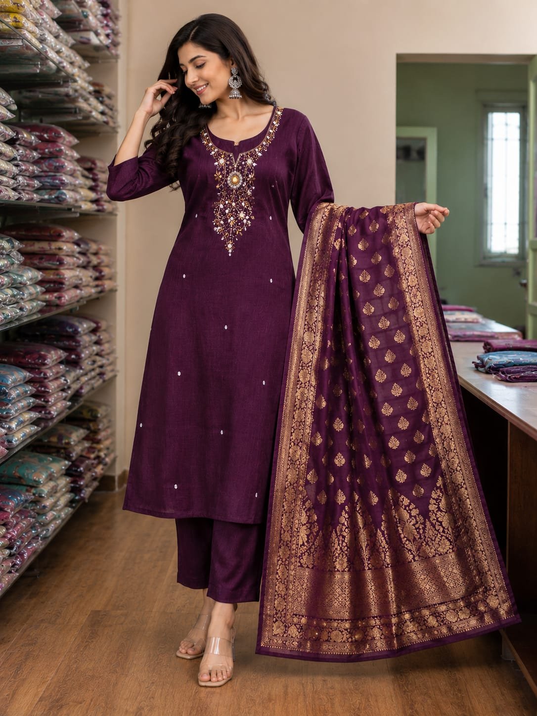 wine purple mul chanderi three piece set with maggam work