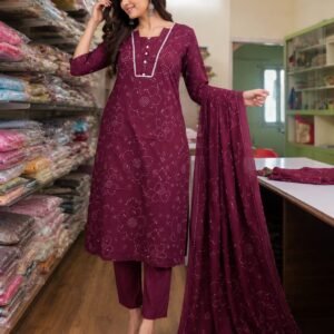 wine purple mul chanderi three piece set with maggam work