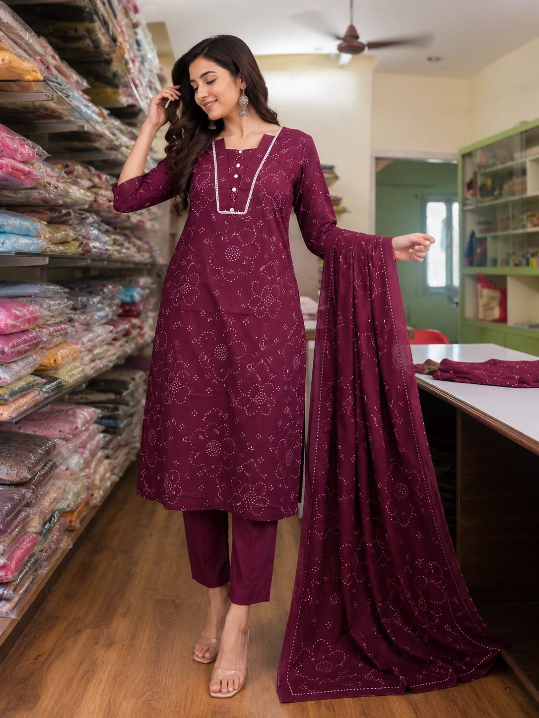 wine purple mul chanderi three piece set with maggam work