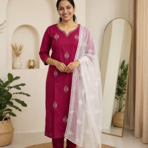 mul chanderi maggam work three piece set