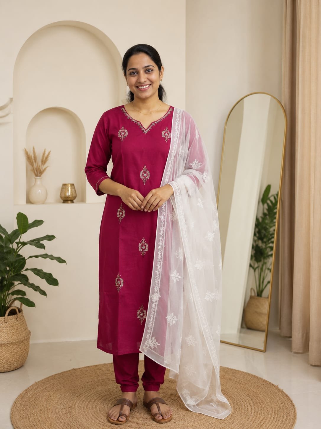 mul chanderi maggam work three piece set