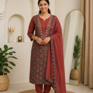 rust brown jaipur cotton ajrakh print three piece set