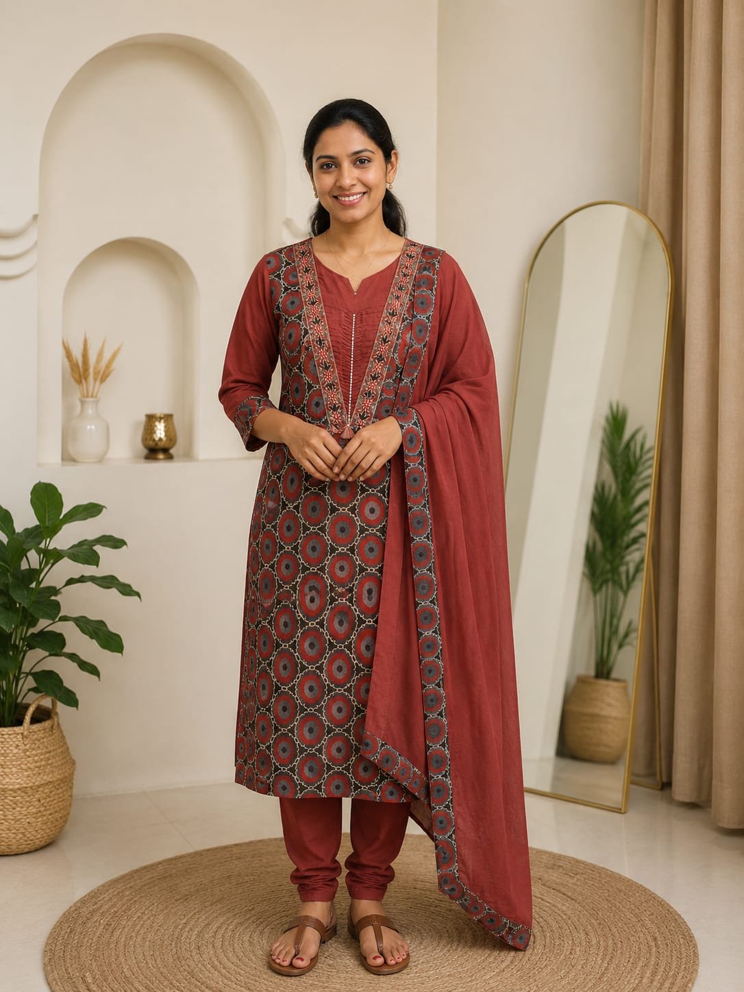 rust brown jaipur cotton ajrakh print three piece set