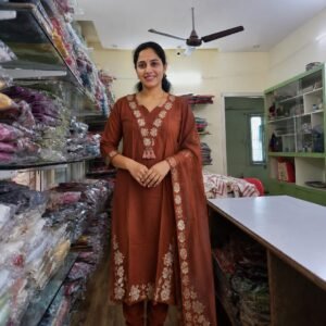 rust brown jaipur cotton ajrakh print three piece set