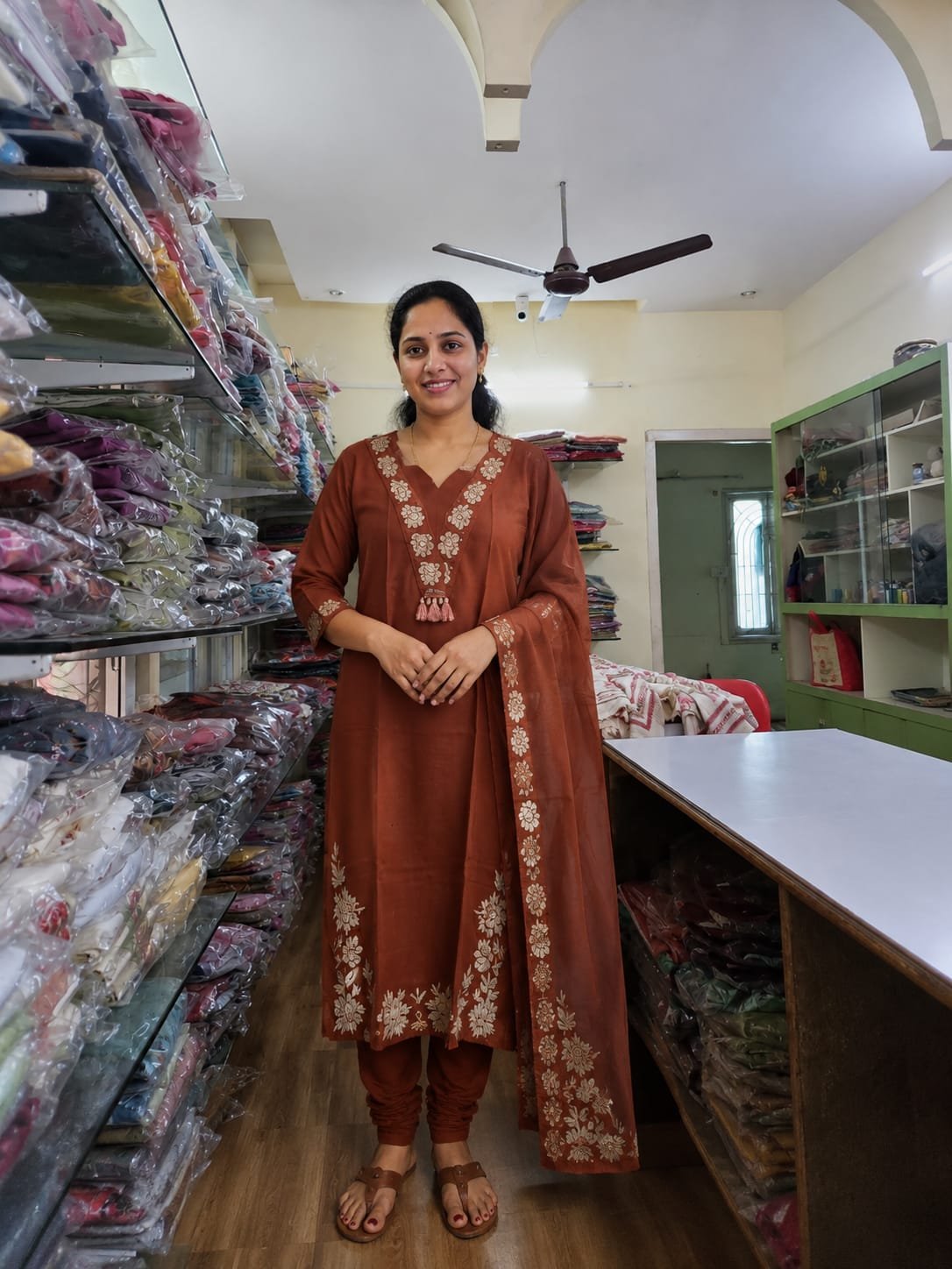 rust brown jaipur cotton ajrakh print three piece set