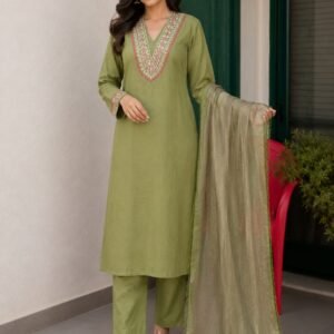olive green jaipur cotton three piece set with tissue dupatta