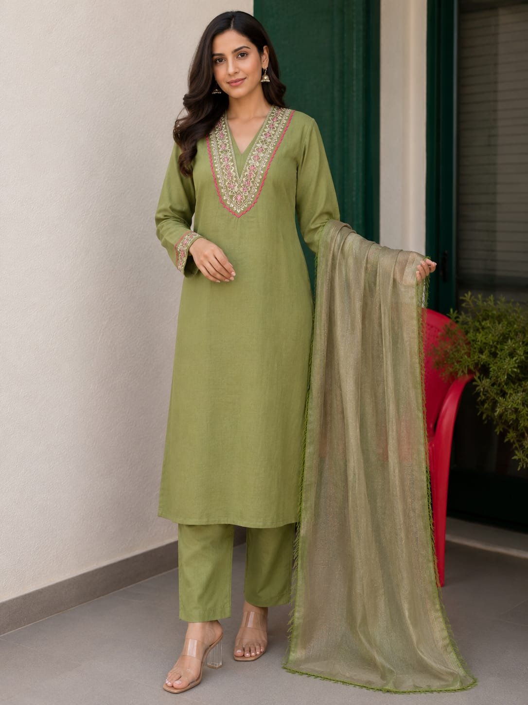 olive green jaipur cotton three piece set with tissue dupatta
