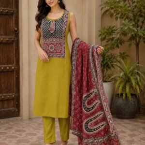 olive green kalamkari patch work three piece set