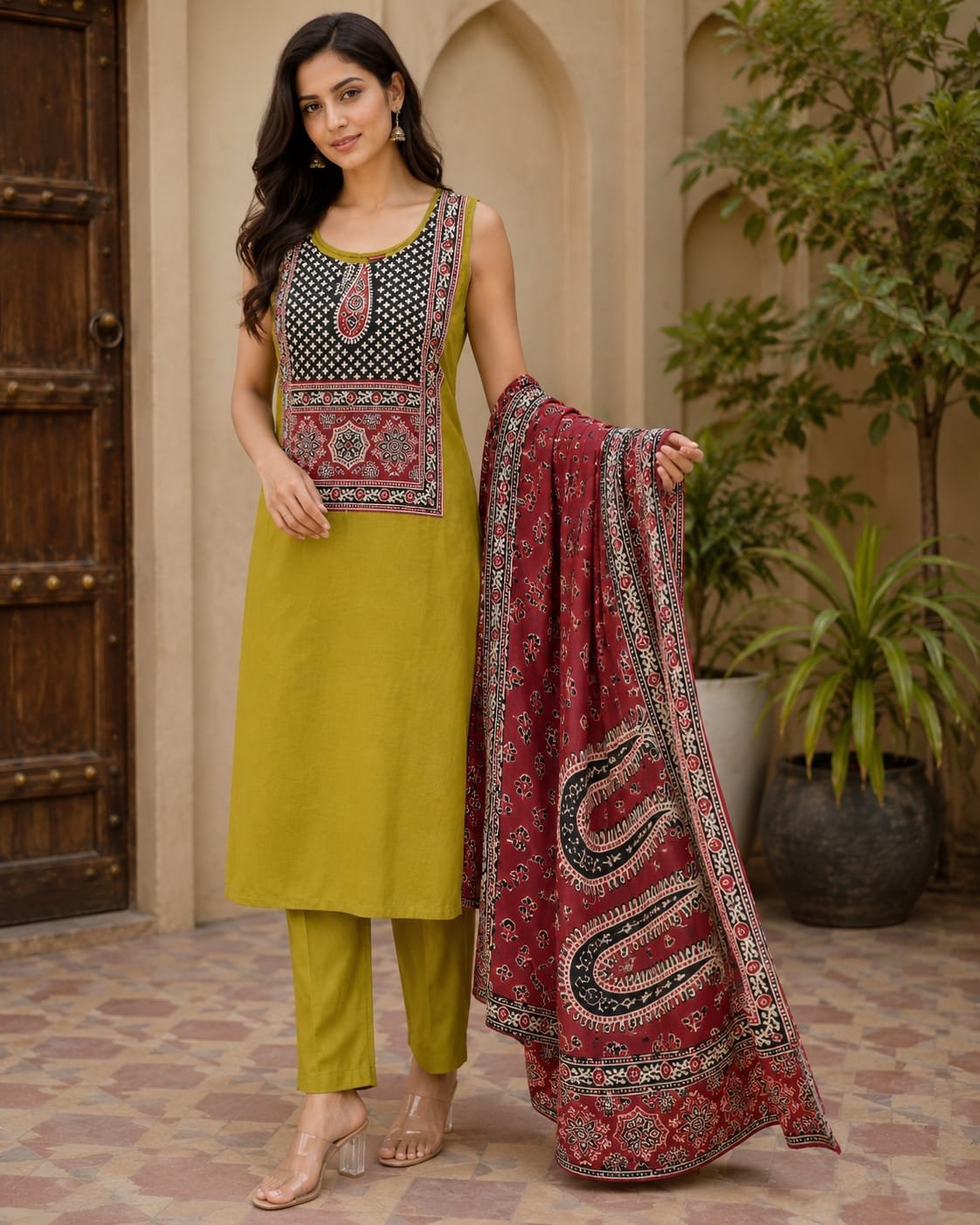 olive green kalamkari patch work three piece set
