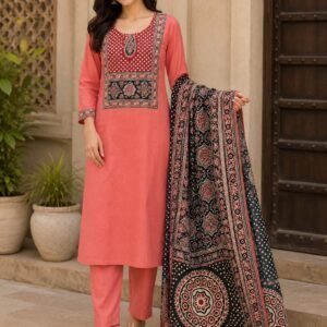 olive green kalamkari patch work three piece set