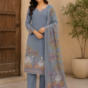 dusty blue jamdani three piece set with maggam work neck