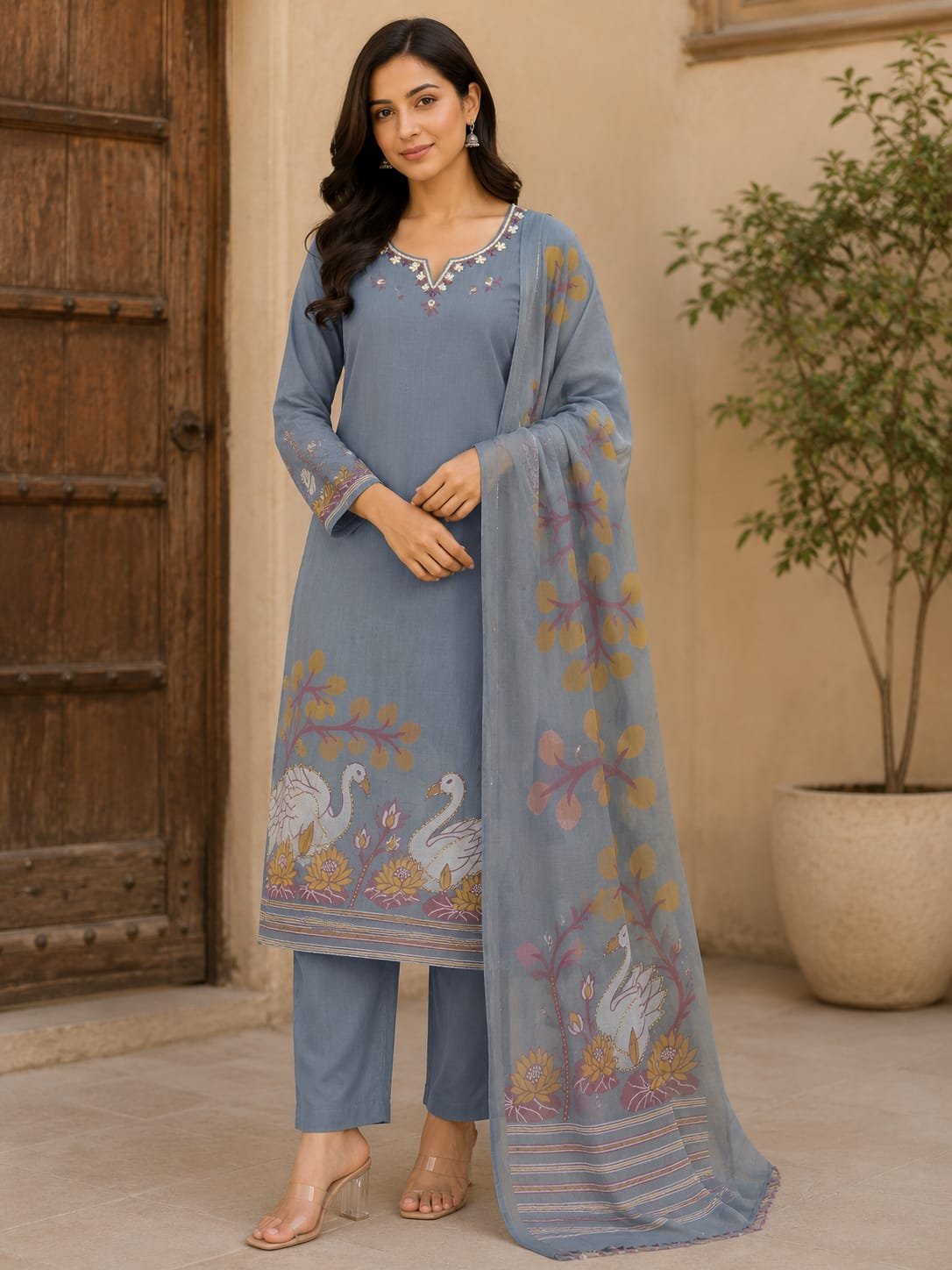 dusty blue jamdani three piece set with maggam work neck