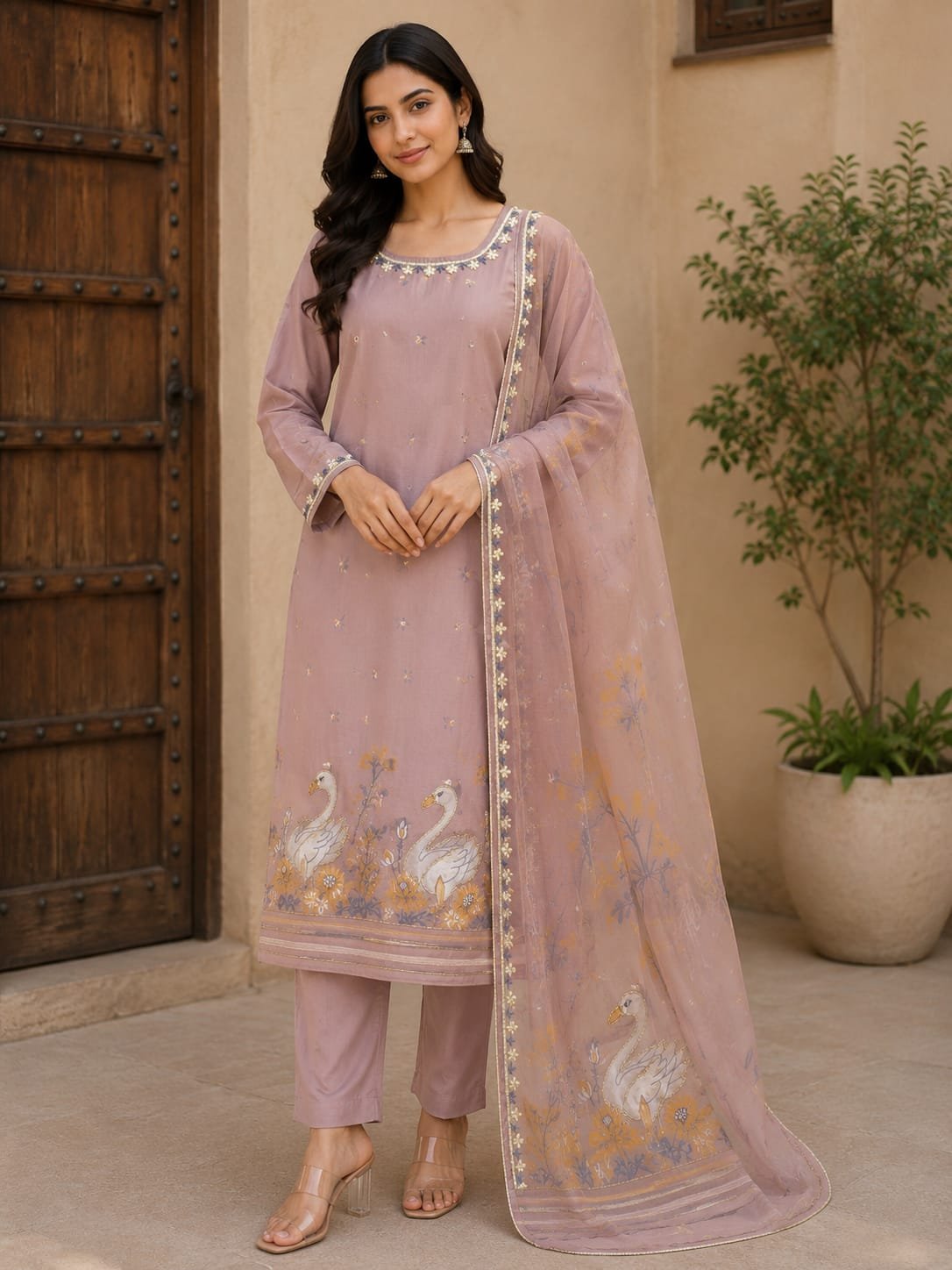 dusty blue jamdani three piece set with maggam work neck