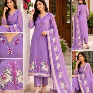 lavender jamdani three piece set with maggam work neck