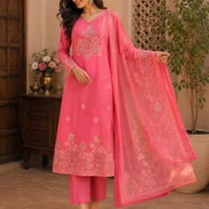 hot pink jamdani three piece set with maggam work