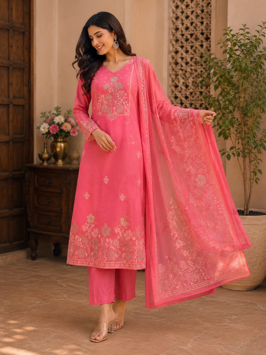 hot pink jamdani three piece set with maggam work