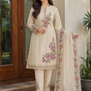 cream floral embroidered tissue roman silk suit set
