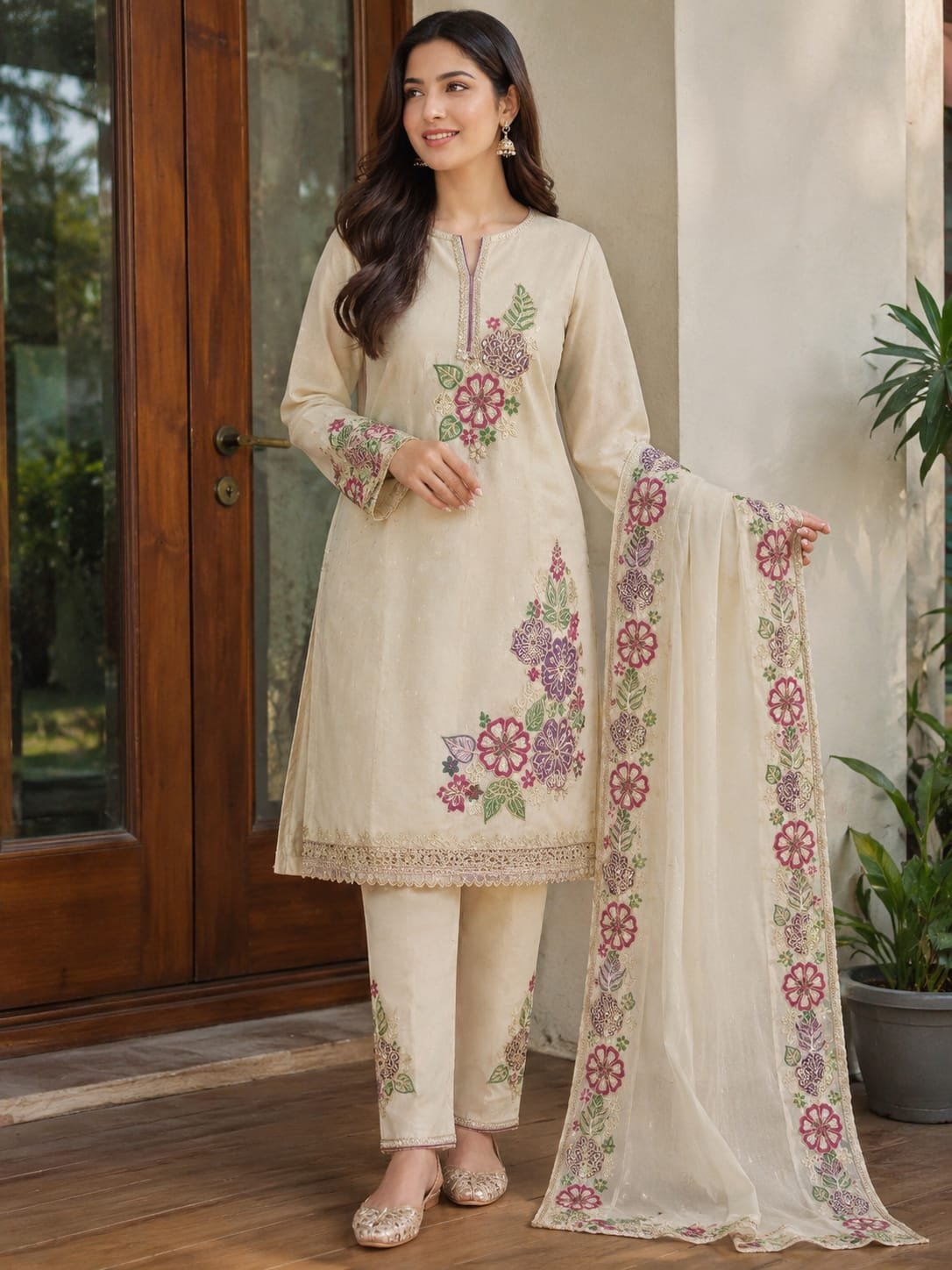 cream floral embroidered tissue roman silk suit set