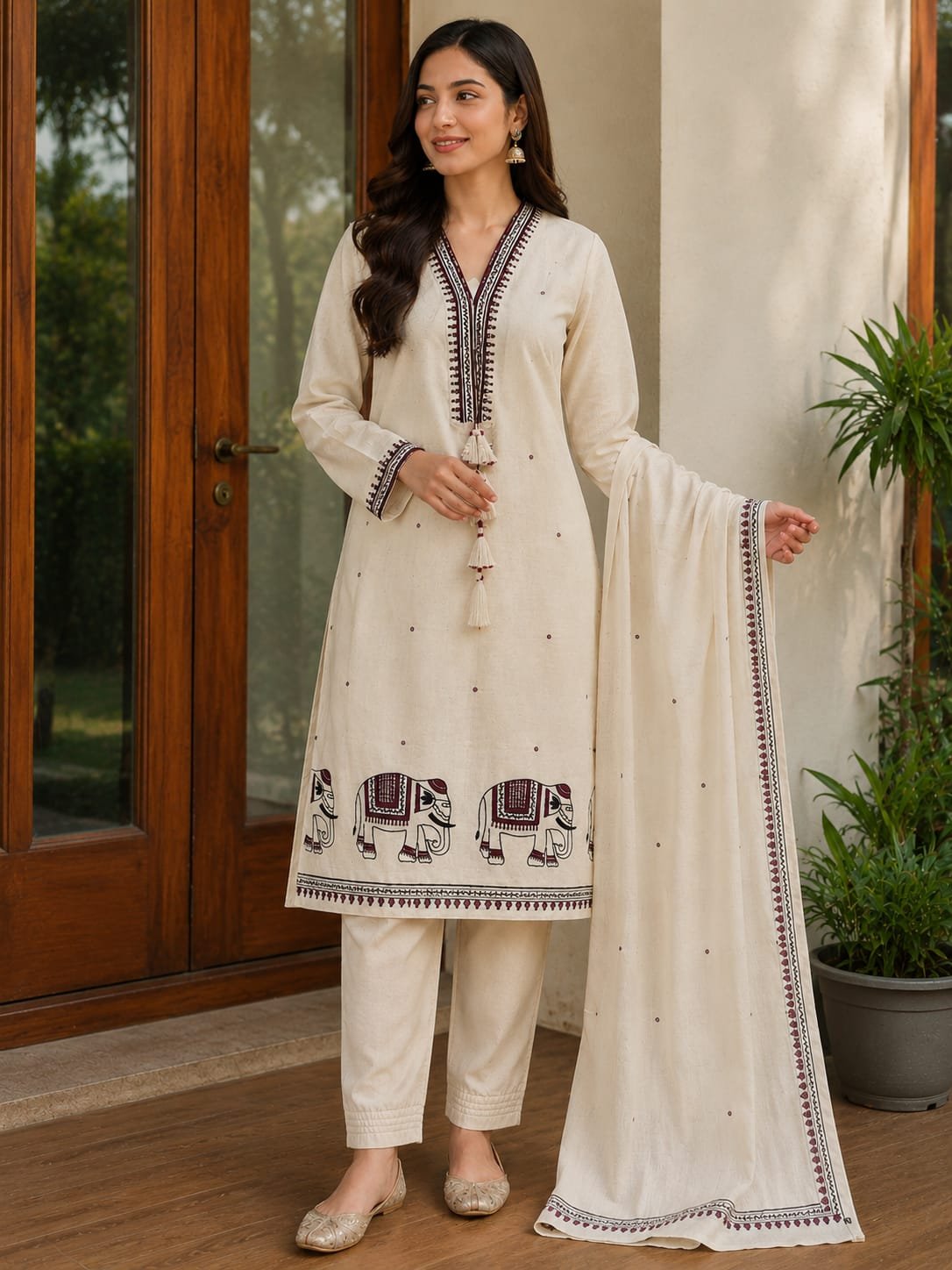 jaipur khadi cotton elephant embroidered suit set