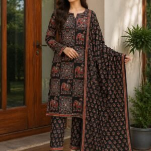 black jaipur cotton printed three piece suit set