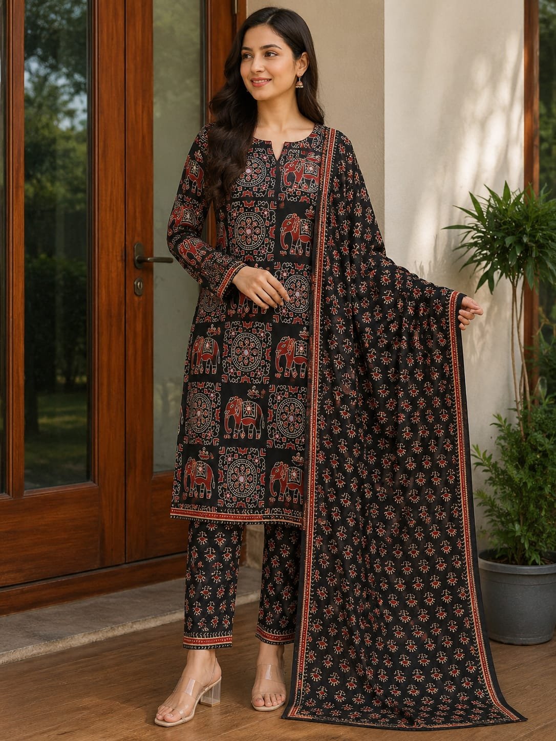 black jaipur cotton printed three piece suit set