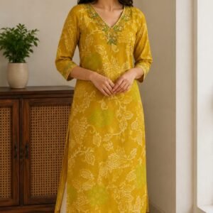 mustard floral printed straight kurti