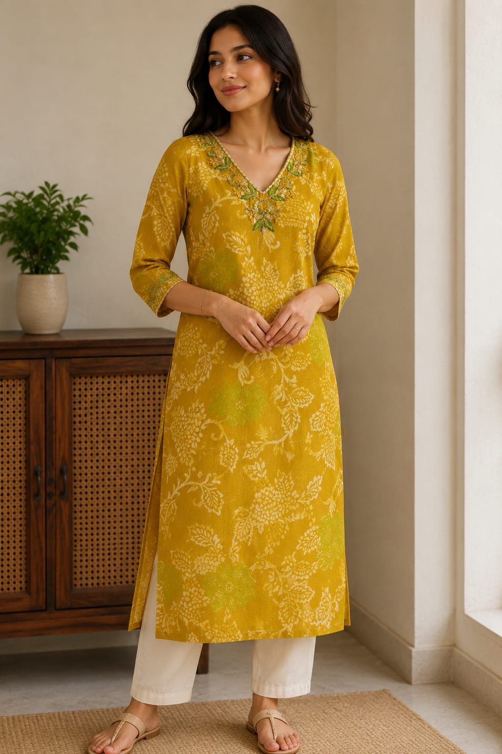 mustard floral printed straight kurti