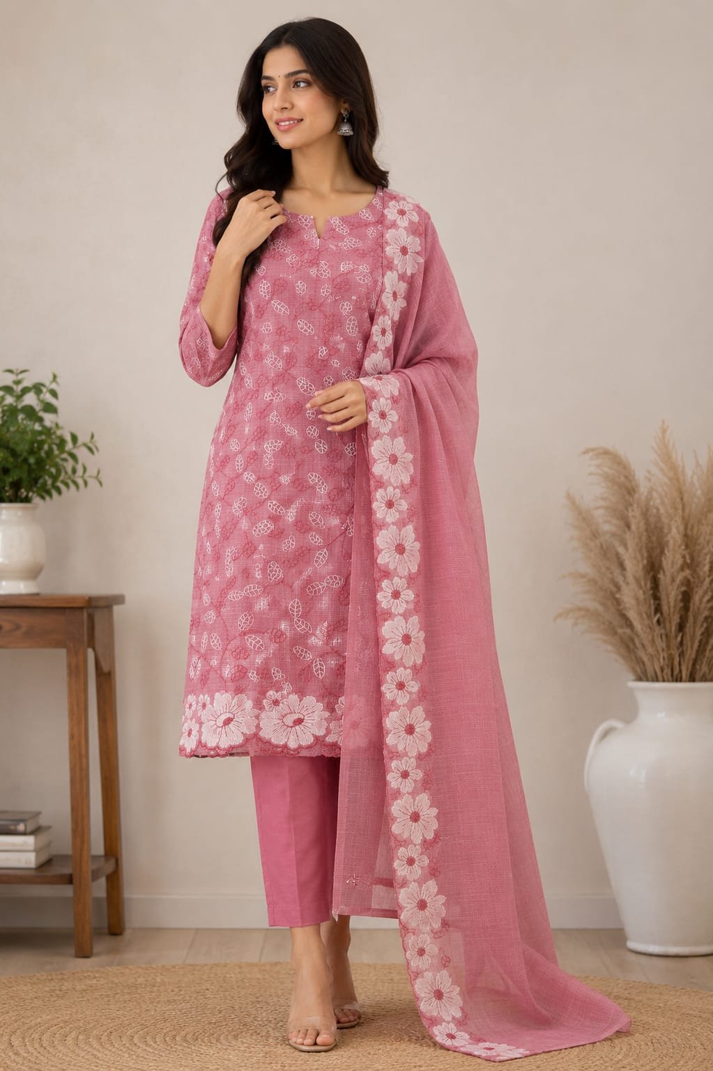 pink kota embroidered dress material set pink kota embroidered dress material set