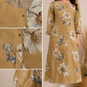 beige floral printed a line kurti