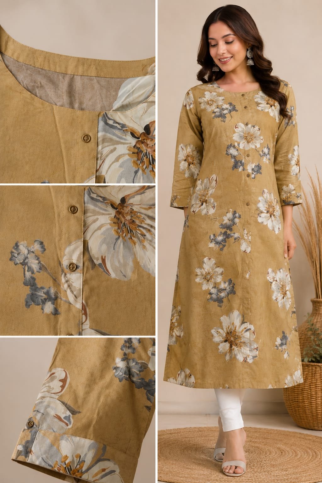 beige floral printed a line kurti